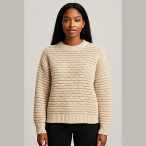 Women's‎ Fate Beige Gold Striped Crew Neck Sweater S